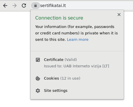 Svetainės atvaizdavimas su Chrome naršykle kai svetainėje yra įdiegtas EV SSL sertifikatas